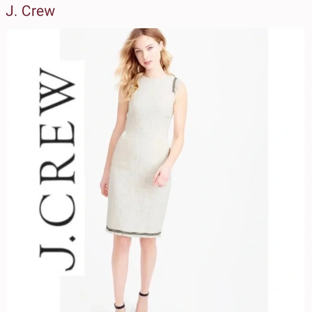 J. Crew Cream Tweed Sheath Dress with Fringe Hem Size 4